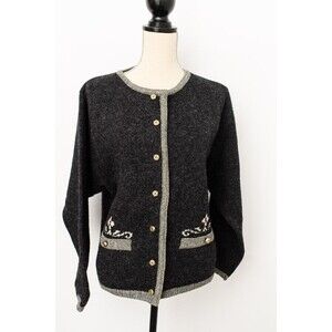 KILKENNY Cardigan M Irish Wool Gold Button Front Long Sleeve Gray Ireland VTG